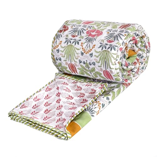 TOAIArt Premium Jaipuri Dohar | AC Blanket Summer Quilt | Hand Block Printed | 3 Layers | Reversible | 150GSM 100% Mulmul Cotton | 100% Cotton Flannel Filling | Queen 90" X 108" | Spring Floral - Image 1