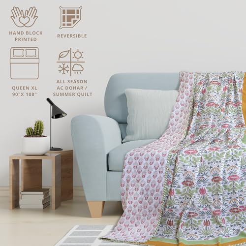 TOAIArt Premium Jaipuri Dohar | AC Blanket Summer Quilt | Hand Block Printed | 3 Layers | Reversible | 150GSM 100% Mulmul Cotton | 100% Cotton Flannel Filling | Queen 90" X 108" | Spring Floral - Image 4