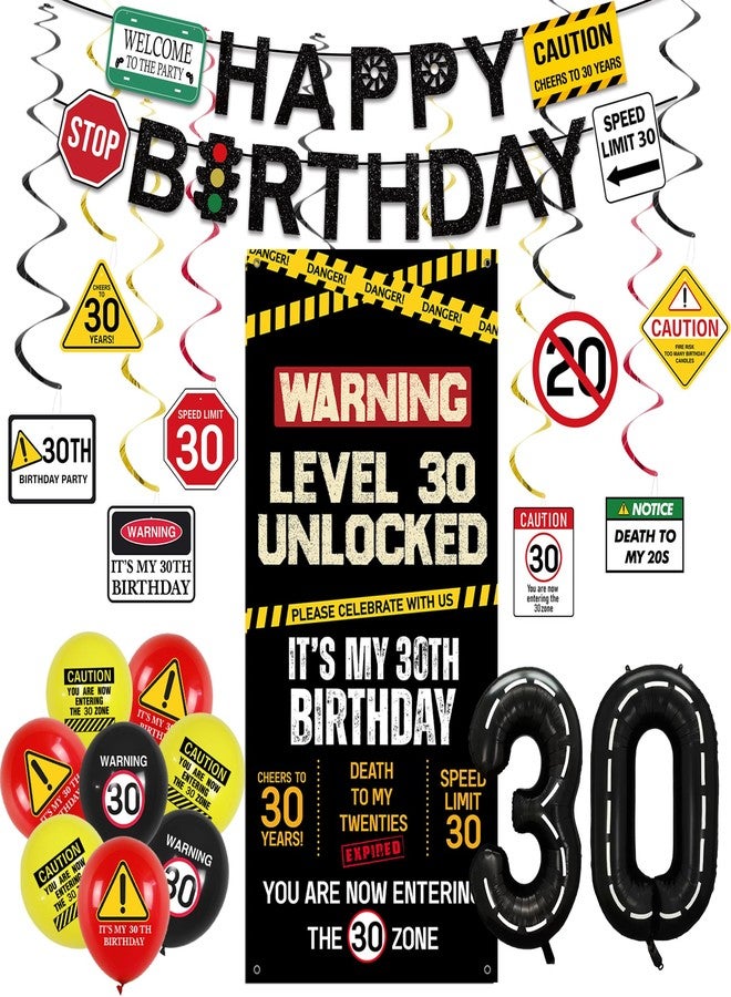 Roetyce 30th Birthday Decorations Men Women, Caution Logo Level 30 Unlocked Banner Backdrop Balloons Hanging Swirls Kit, Funny 30 Years Old Yard Wall Signs Door Cover, Black 30 Zone Party Supplies - Image 1