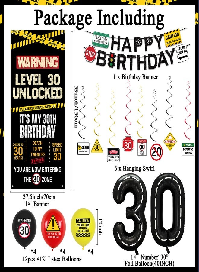 Roetyce 30th Birthday Decorations Men Women, Caution Logo Level 30 Unlocked Banner Backdrop Balloons Hanging Swirls Kit, Funny 30 Years Old Yard Wall Signs Door Cover, Black 30 Zone Party Supplies - Image 2