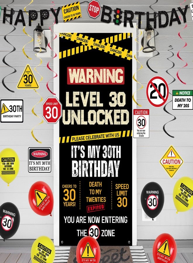 Roetyce 30th Birthday Decorations Men Women, Caution Logo Level 30 Unlocked Banner Backdrop Balloons Hanging Swirls Kit, Funny 30 Years Old Yard Wall Signs Door Cover, Black 30 Zone Party Supplies - Image 4