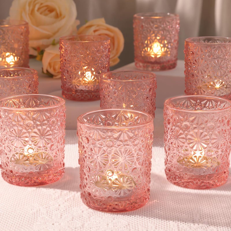 Lanttu Pink Votive Candle Holder Set of 12, Flower Tea Lights Candles Holders for Wedding Table Centerpieces, Birthday Parties, Anniversary, Pink Bridal Shower and Holiday Decorations - Image 1