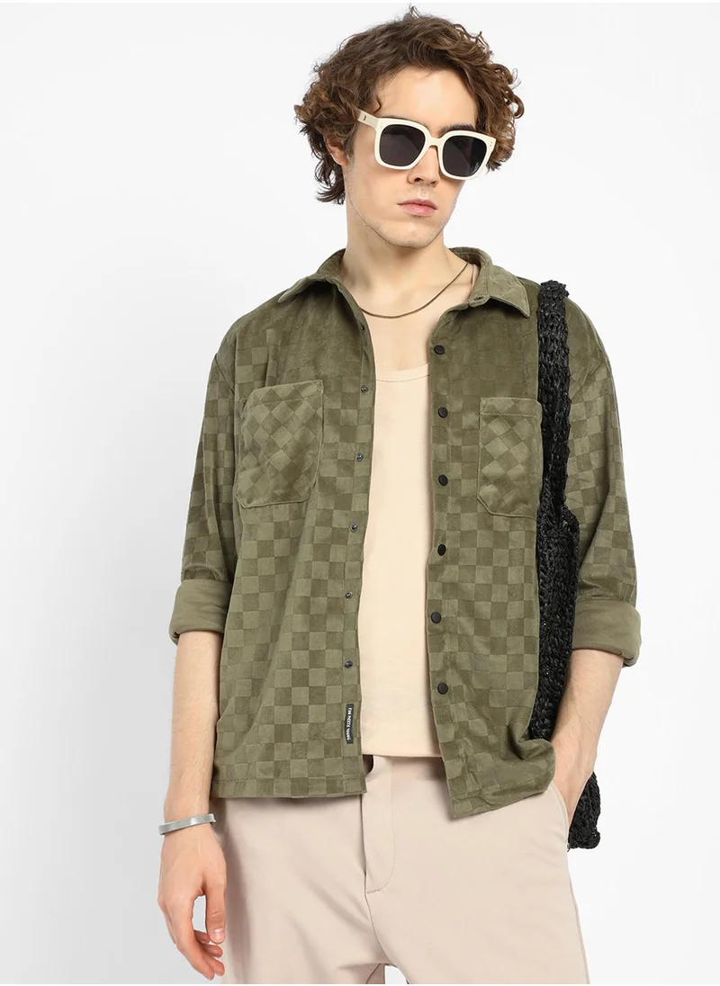 كامبوس سوترا Men's Olive Green Cubic Velvet Utility Shacket