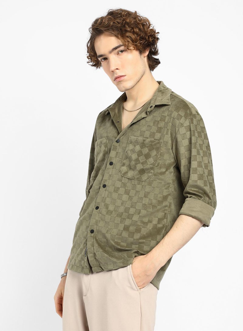 Campus Sutra Men's Olive Green Cubic Velvet Utility Shacket - Image 3