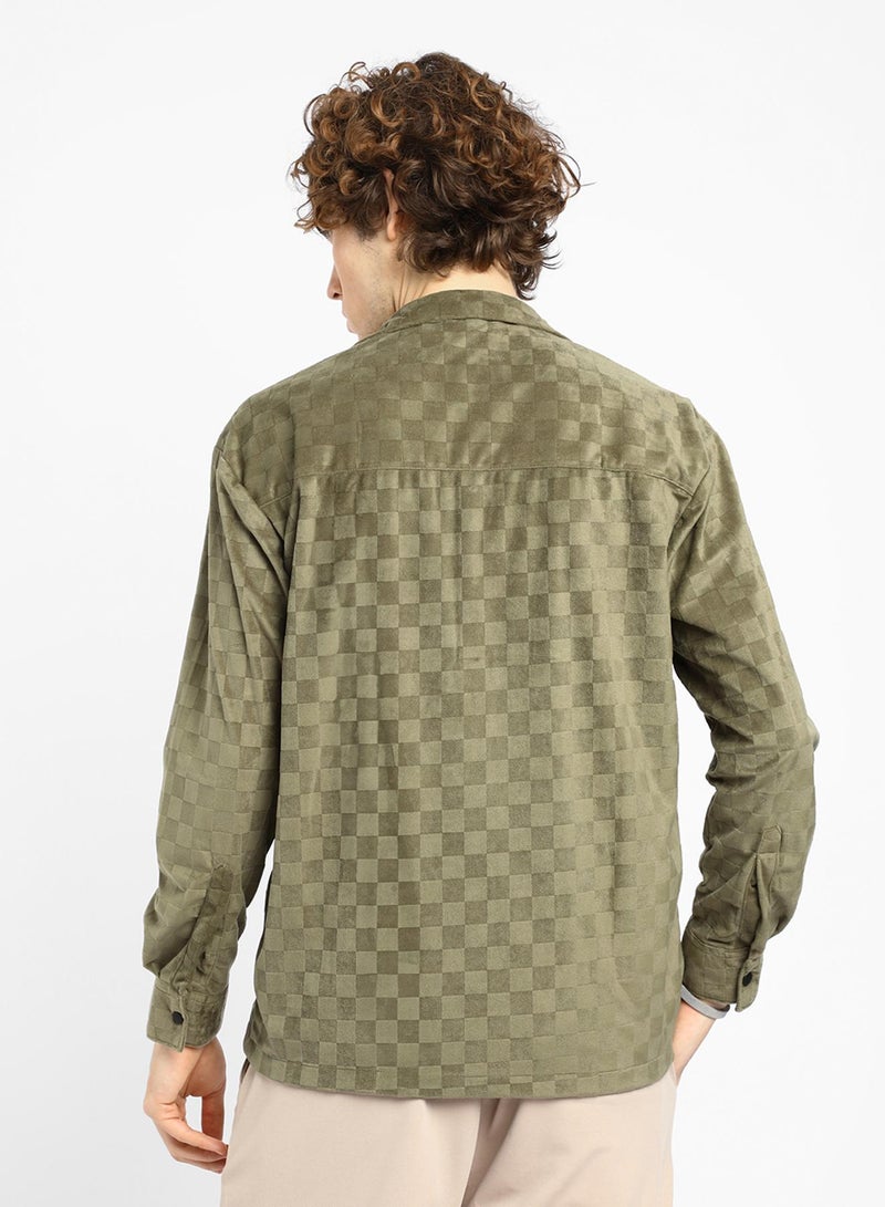 Campus Sutra Men's Olive Green Cubic Velvet Utility Shacket - Image 5