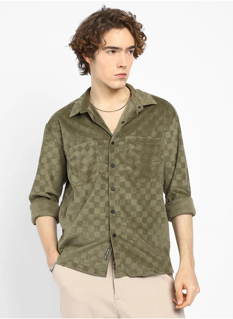 كامبوس سوترا Men's Olive Green Cubic Velvet Utility Shacket