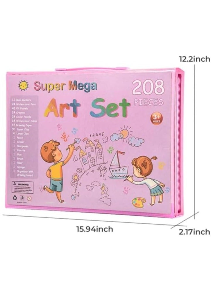 INFLUX 208 PCS Art Supplies, Drawing Art Kit for Kids, Art Set with Double Sided Trifold Easel, Oil Pastels, Crayons, Colored Pencils, Watercolor Pens Gift for Girls and Boys, Pink - Image 3