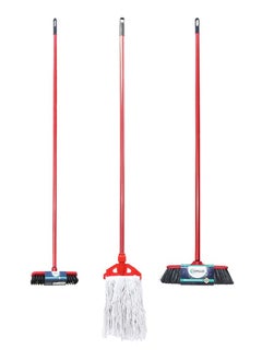 CEPILLO CEPILLO Long Handle Cleaning Broom brush 2 SET + Floor Cleaning Wet Mop Red/White, Combo SET OF 3  - Image 1