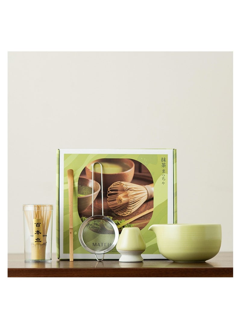AceLuste Matcha Tea Set, 5PCS Traditional Japanese Matcha Tea Ceremony Set with Whisk, Ceramic Bowl & Stainless Steel Filter (Green)  - Image 1