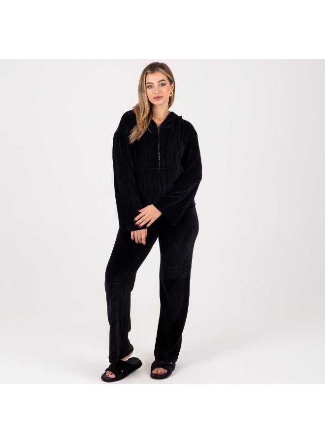 zecotex  Premium Soft Velvet Loungewear Set for Women - Black Full-Zip Hooded Top & Comfortable Wide-Fit Trousers - Image 1
