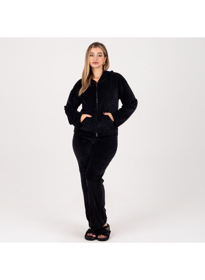 zecotex  Premium Soft Velvet Loungewear Set for Women - Black Full-Zip Hooded Top & Comfortable Wide-Fit Trousers - Image 4