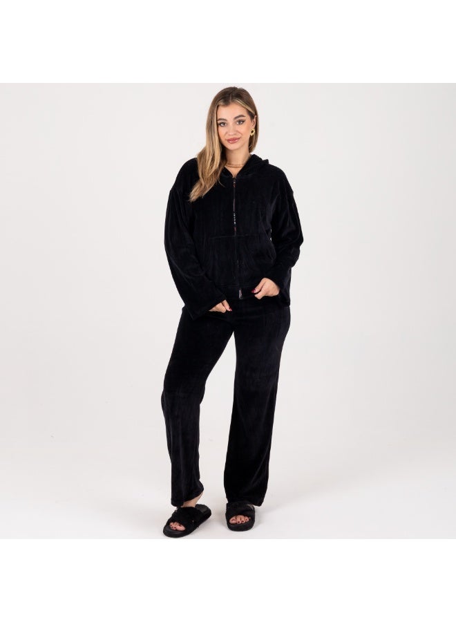 zecotex  Premium Soft Velvet Loungewear Set for Women - Black Full-Zip Hooded Top & Comfortable Wide-Fit Trousers - Image 3