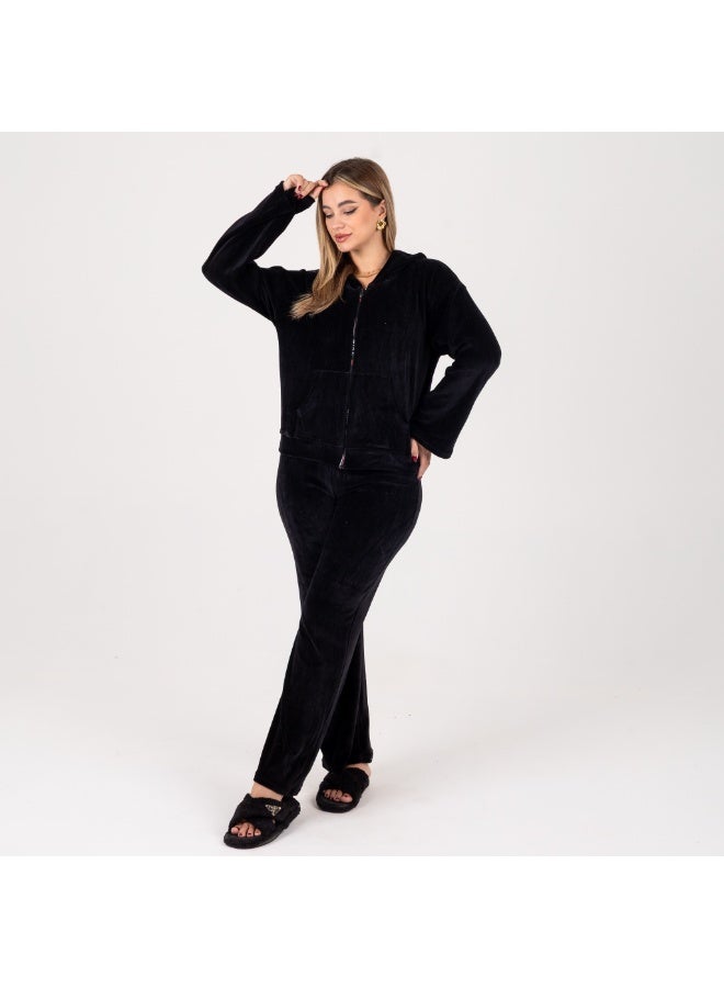 zecotex  Premium Soft Velvet Loungewear Set for Women - Black Full-Zip Hooded Top & Comfortable Wide-Fit Trousers - Image 2