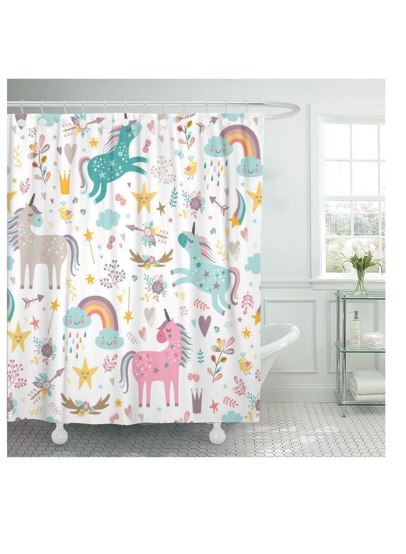 Kids Unicorn Shower Curtain - 72x72 Inch Blue and Pink Animal Pattern - Durable, Waterproof Polyester Fabric with Hooks for Children's Bathroom - Image 1