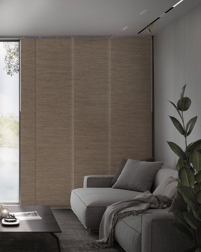9999 BLACKOUT ADJUSTABLE SLIDING PANEL TRACK BLINDS FOR SLIDING GALSS DOORS 458 86 W X 96 H EXTENDABLE VERTICAL BLINDS TRIMMABLE NATURAL WOVEN PANEL BALI COTTAGES