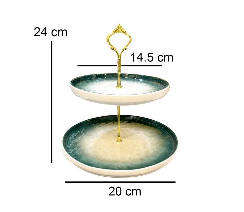 Lemon Tree Ceramic Handle 2 Tier Serving, Cake Savouries Server With Metal Stand (Color_Green) - Image 3