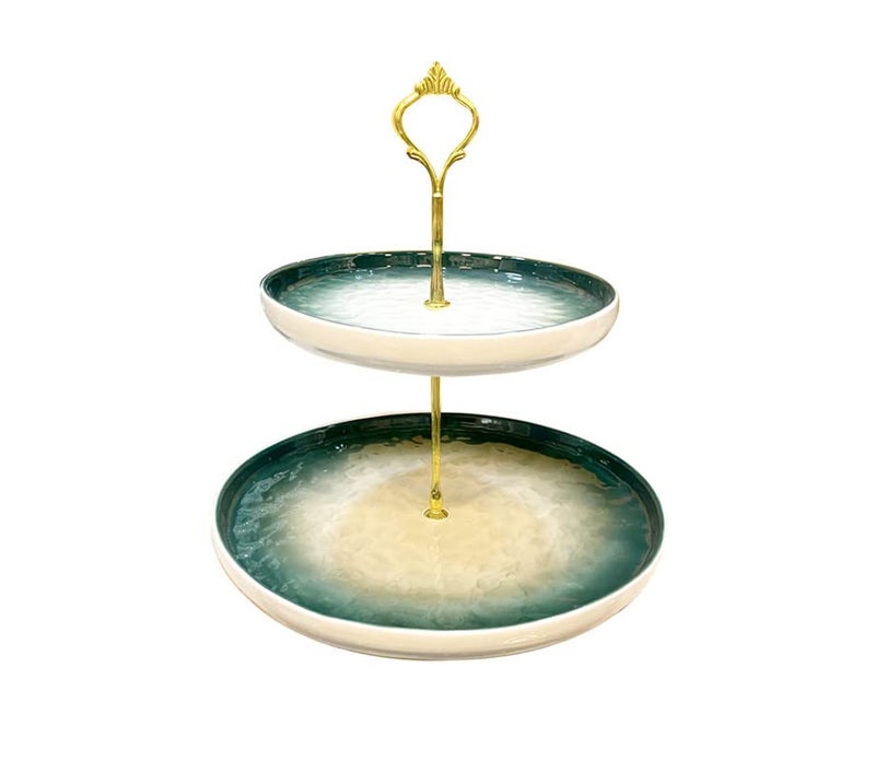 Lemon Tree Ceramic Handle 2 Tier Serving, Cake Savouries Server With Metal Stand (Color_Green) - Image 2