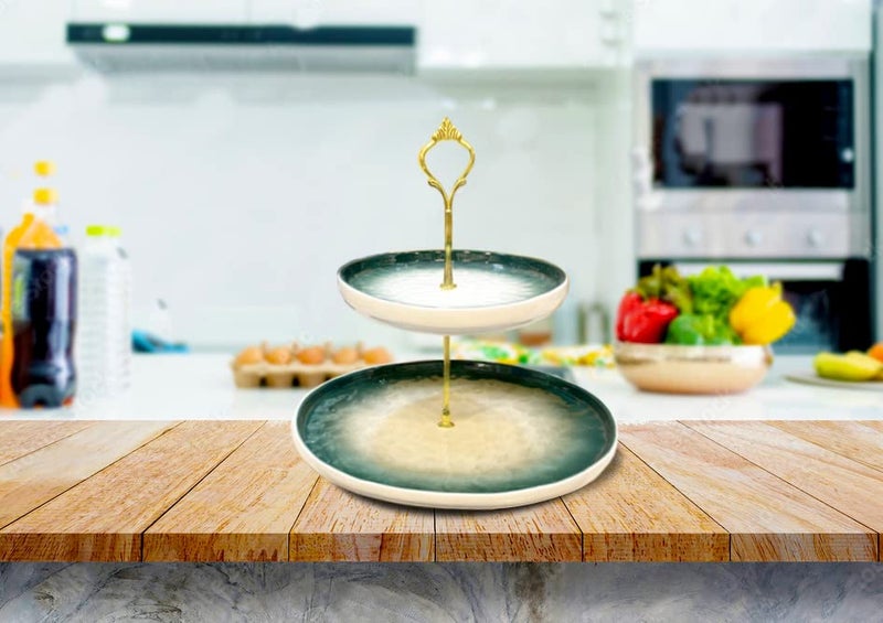Lemon Tree Ceramic Handle 2 Tier Serving, Cake Savouries Server With Metal Stand (Color_Green) - Image 1