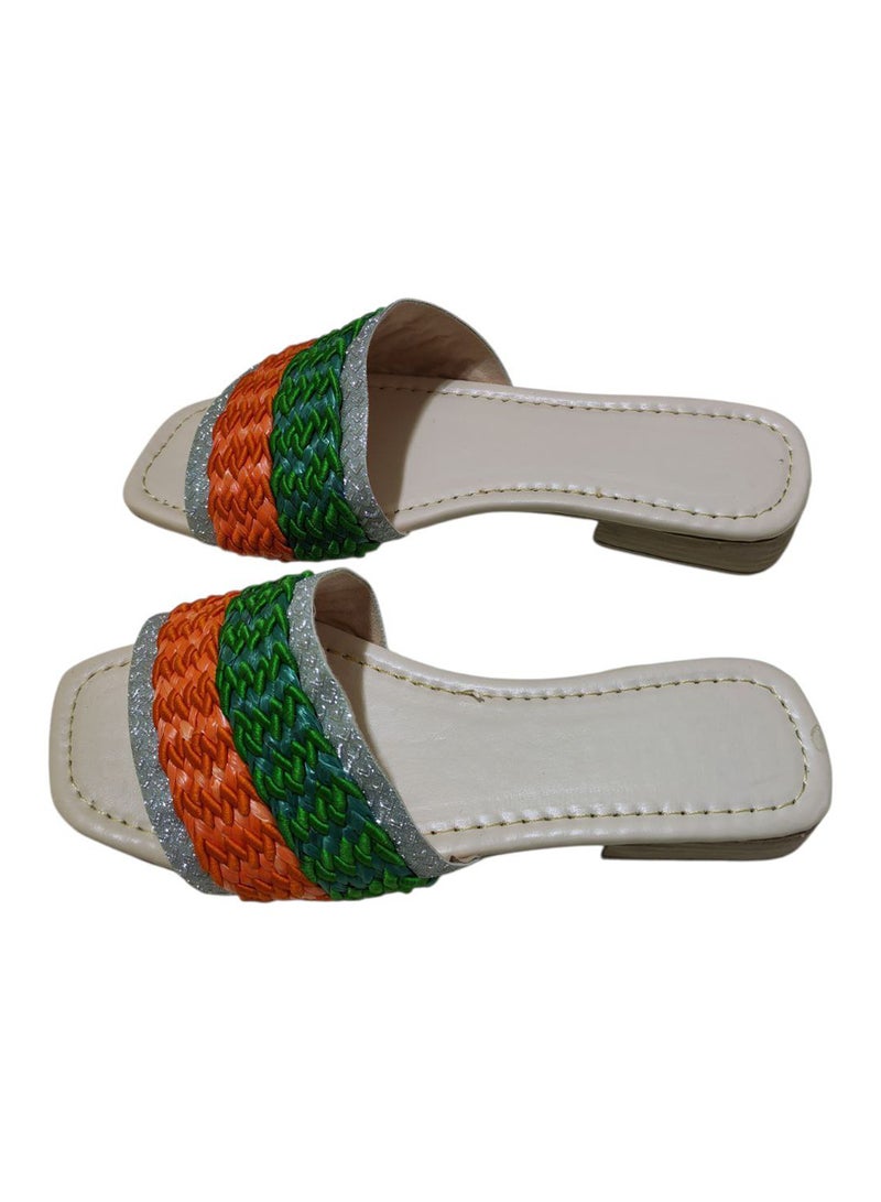 Karisma Flat Squared Toe Slippers With Simple Canvas With Embroidered Upper Strap - Image 2