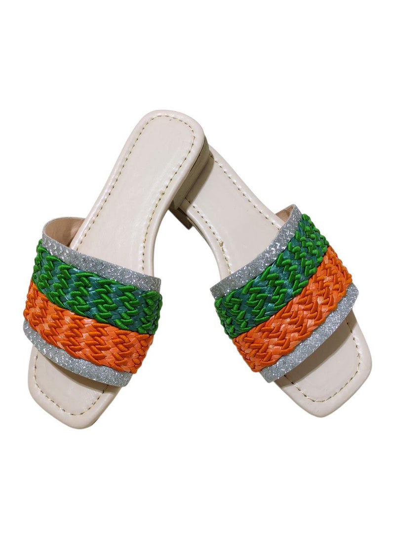 Karisma Flat Squared Toe Slippers With Simple Canvas With Embroidered Upper Strap - Image 1