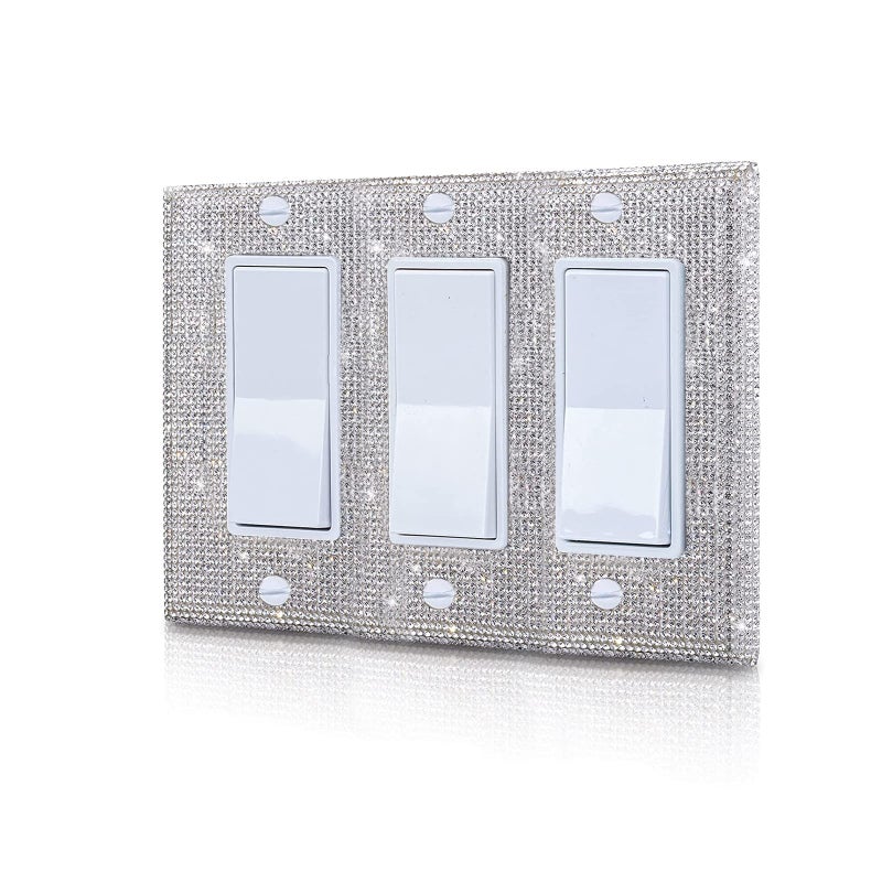 Shiny Silver Rhinestones Wall Plates Light Switch Decorative Cover Plate Single Toggle For Kitchen Bathroom 3 Gang Rhinestones Outlet Covers Wall Plate