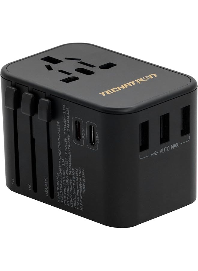 TECHATRON - Techatron 6-in-1 Universal Travel Adapter (Type C/G/A/I) for US/AU/UK/EU, 35W GAN Charger, 3 USB-A, 2 USB-C, 1 AC Socket, European Travel Plug Adapter, International Power Adapter, Black - Image 1