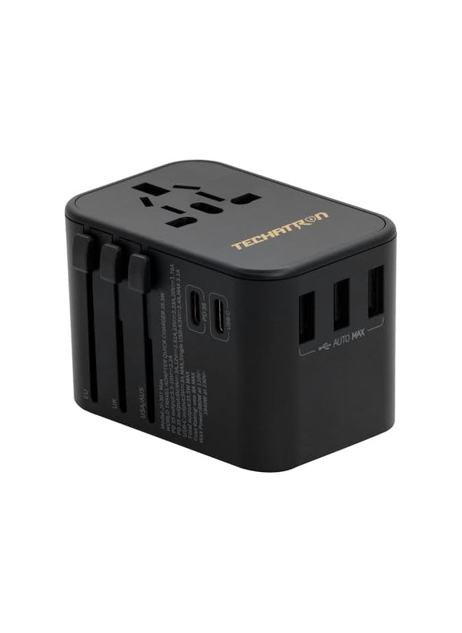 TECHATRON - Techatron 6-in-1 Universal Travel Adapter (Type C/G/A/I) for US/AU/UK/EU, 35W GAN Charger, 3 USB-A, 2 USB-C, 1 AC Socket, European Travel Plug Adapter, International Power Adapter, Black - Image 1