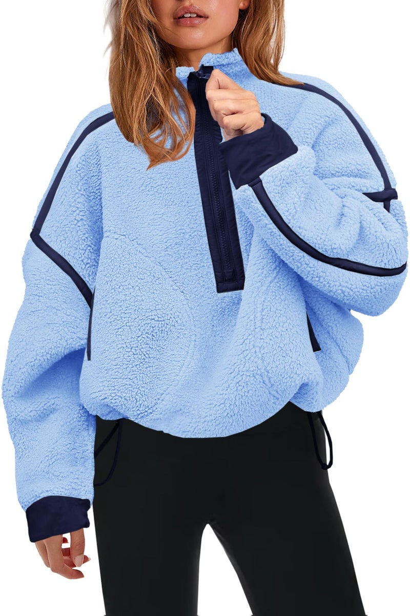 Panadila Womens Half Zip Fleece Pullover Sherpa Jacket Fuzzy Sweater Cozy Sweatshirt with Pockets Winter (Peri Blue Combo,XL) - Image 1