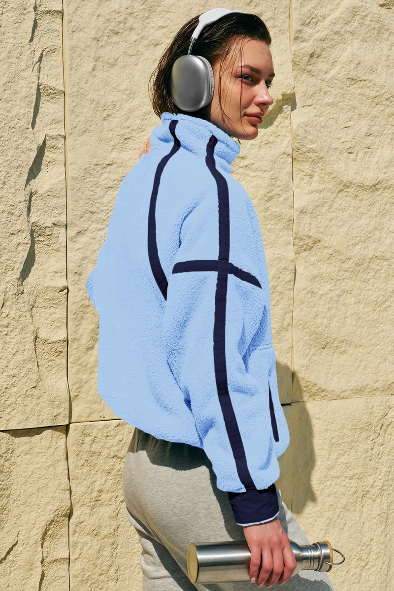 Panadila Womens Half Zip Fleece Pullover Sherpa Jacket Fuzzy Sweater Cozy Sweatshirt with Pockets Winter (Peri Blue Combo,XL) - Image 5