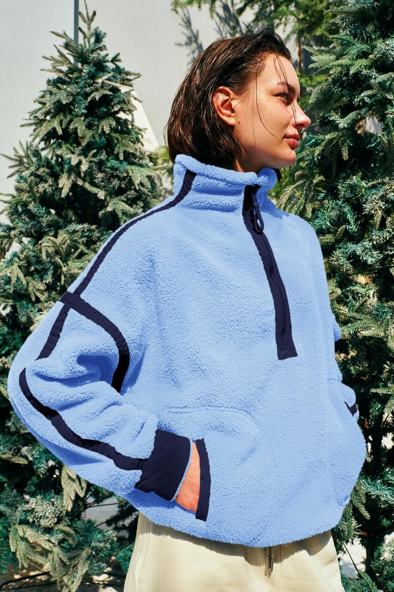 Panadila Womens Half Zip Fleece Pullover Sherpa Jacket Fuzzy Sweater Cozy Sweatshirt with Pockets Winter (Peri Blue Combo,XL) - Image 3
