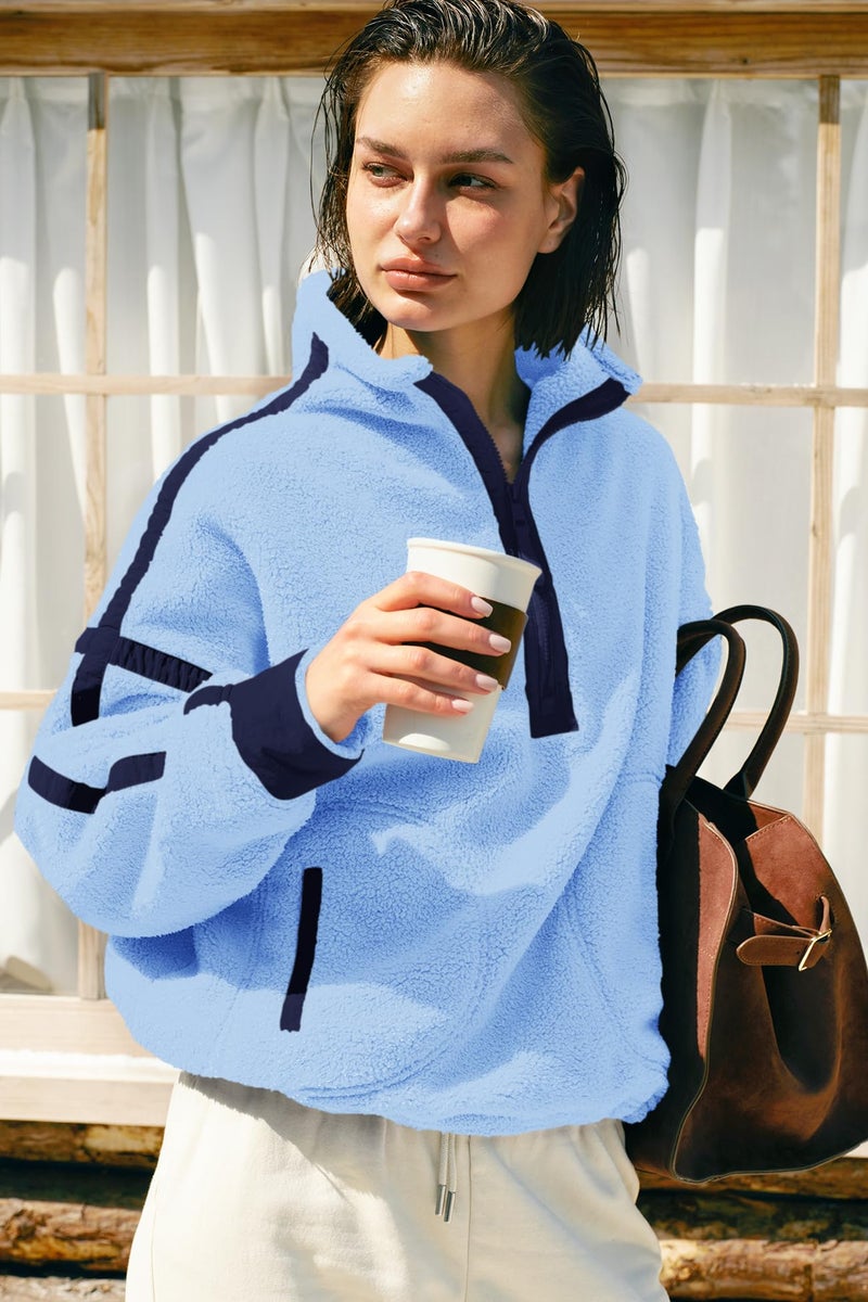 Panadila Womens Half Zip Fleece Pullover Sherpa Jacket Fuzzy Sweater Cozy Sweatshirt with Pockets Winter (Peri Blue Combo,XL) - Image 4