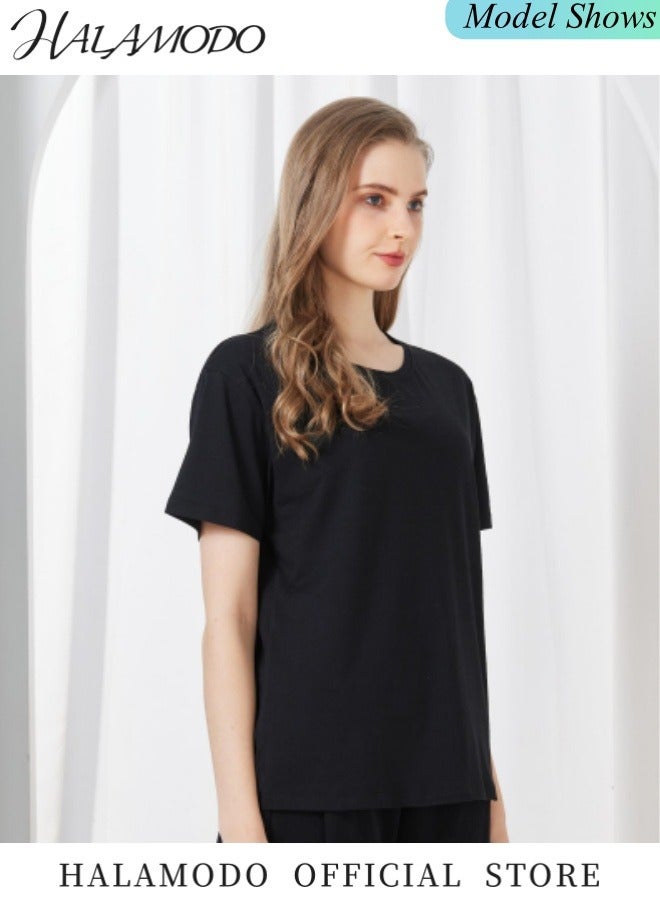 هالامودو تي شيرت للجنسين من القطن برقبة دائرية، تي شيرت يمتص الرطوبة، تي شيرت رياضي للجري والتمرين في صالة الألعاب الرياضية، تي شيرت بأكمام قصيرة، تي شيرت برقبة دائرية، مناسب للرياضة الجافة - Image 4