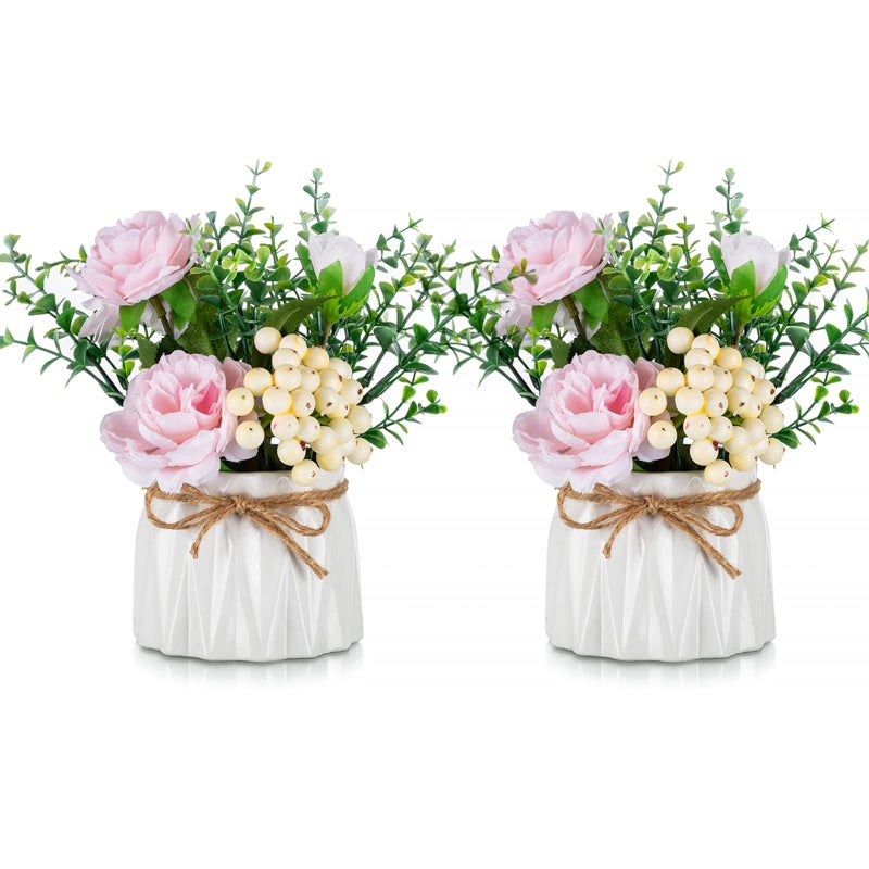 BLOSMON Table Decor Artificial Flowers Vase Small Fake Pink Flower Arrangement 2pcs for Tables centerpieces Kitchen Dining Room Decorations Faux Flower in Vase Coffee Table Silk Roses