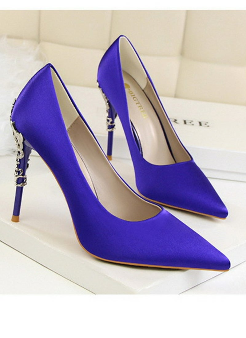BIGTREE Women's Elegant Stiletto Pumps With 10 CM Personalized Metal Heel Elegant Gorgeous Closed Pointed Toe Slip On Solid High Heels Blue  - Image 2