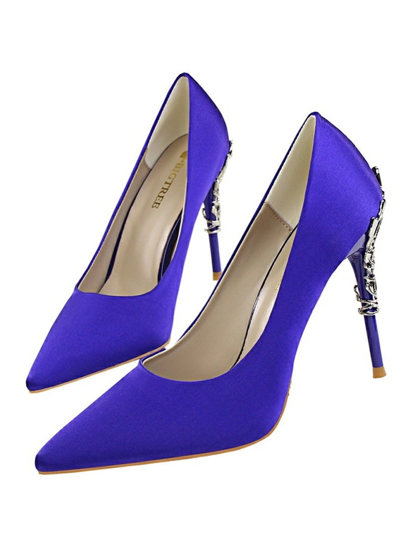 BIGTREE Women's Elegant Stiletto Pumps With 10 CM Personalized Metal Heel Elegant Gorgeous Closed Pointed Toe Slip On Solid High Heels Blue  - Image 1
