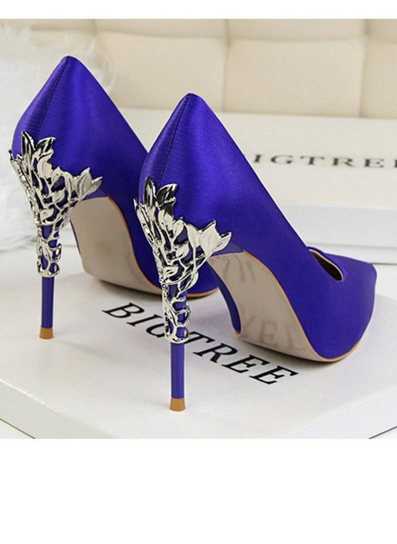 BIGTREE Women's Elegant Stiletto Pumps With 10 CM Personalized Metal Heel Elegant Gorgeous Closed Pointed Toe Slip On Solid High Heels Blue  - Image 3