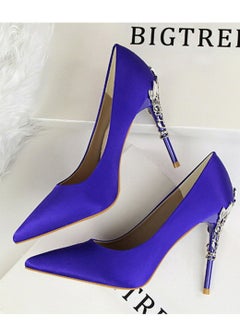 BIGTREE Women's Elegant Stiletto Pumps With 10 CM Personalized Metal Heel Elegant Gorgeous Closed Pointed Toe Slip On Solid High Heels Blue  - Image 4