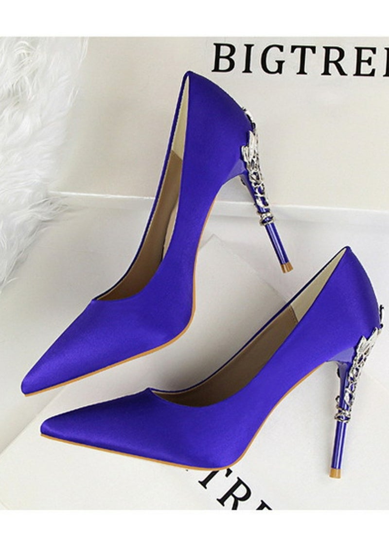 BIGTREE Women's Elegant Stiletto Pumps With 10 CM Personalized Metal Heel Elegant Gorgeous Closed Pointed Toe Slip On Solid High Heels Blue  - Image 4