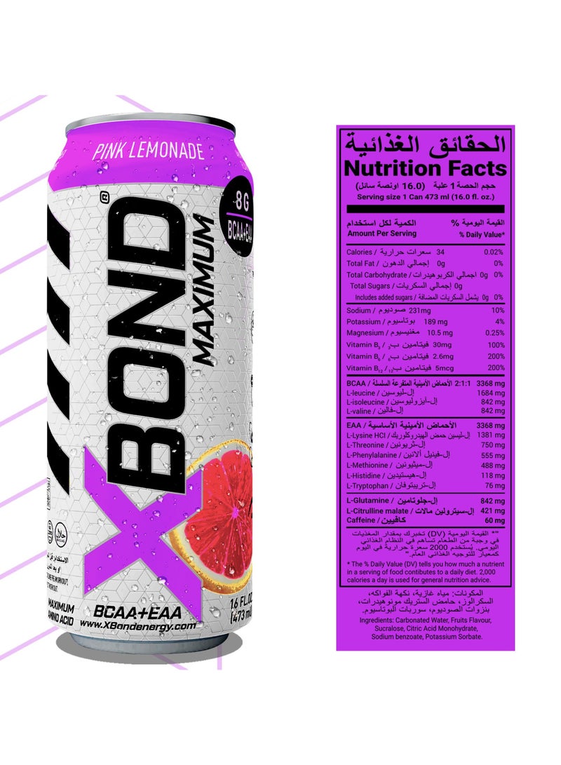 Xbond X-BOND 8g BCAA/EAA Pink Lemonade Maximum RecoveryExpanded Maximum Amino Drink - BCAA + EAA Electrolytes Drink - 16 fl oz (473 ml) -  Sugar Free 34 Calories, 60mg Caffeine Pack of 12 - Image 3
