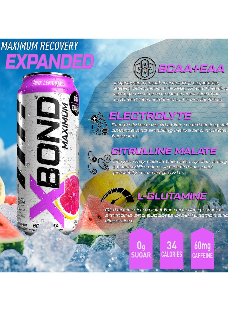 Xbond X-BOND 8g BCAA/EAA Pink Lemonade Maximum RecoveryExpanded Maximum Amino Drink - BCAA + EAA Electrolytes Drink - 16 fl oz (473 ml) -  Sugar Free 34 Calories, 60mg Caffeine Pack of 12 - Image 4