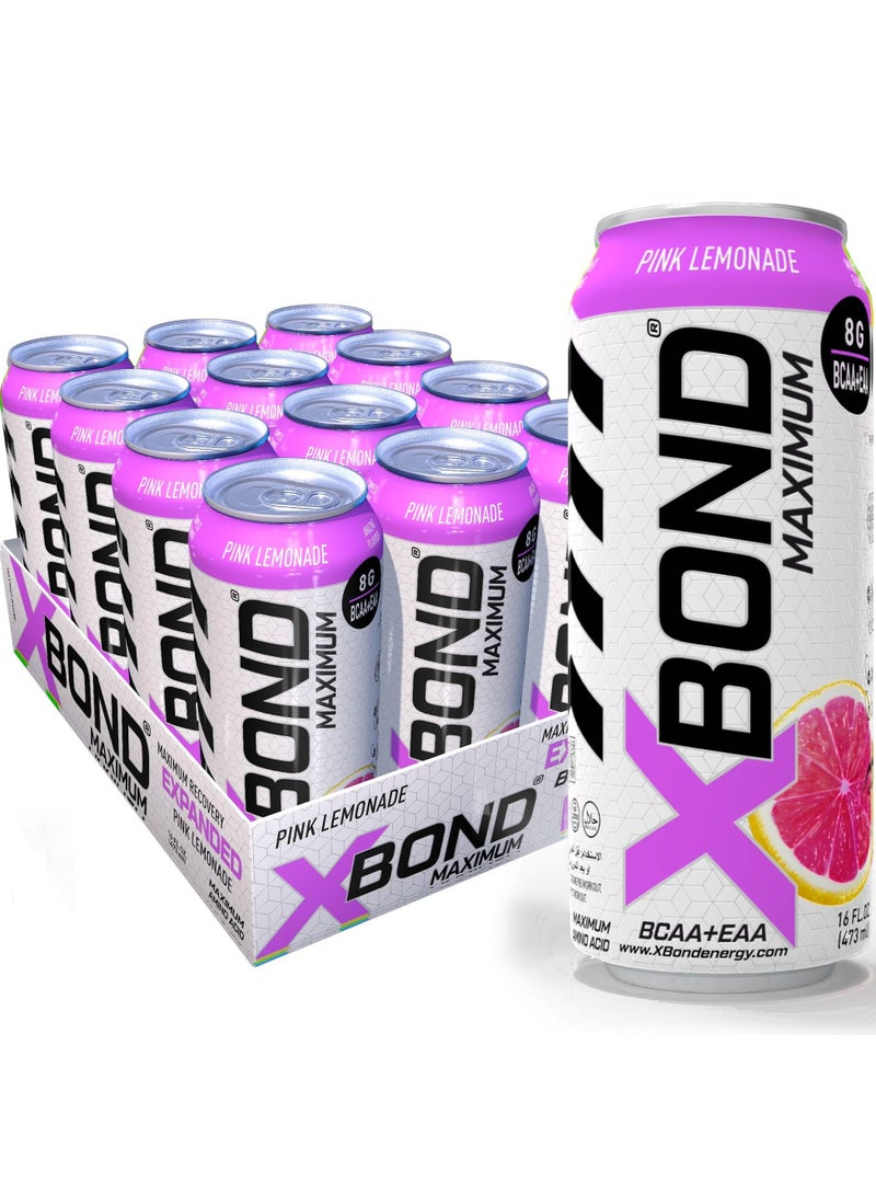 Xbond X-BOND 8g BCAA/EAA Pink Lemonade Maximum RecoveryExpanded Maximum Amino Drink - BCAA + EAA Electrolytes Drink - 16 fl oz (473 ml) -  Sugar Free 34 Calories, 60mg Caffeine Pack of 12 - Image 1