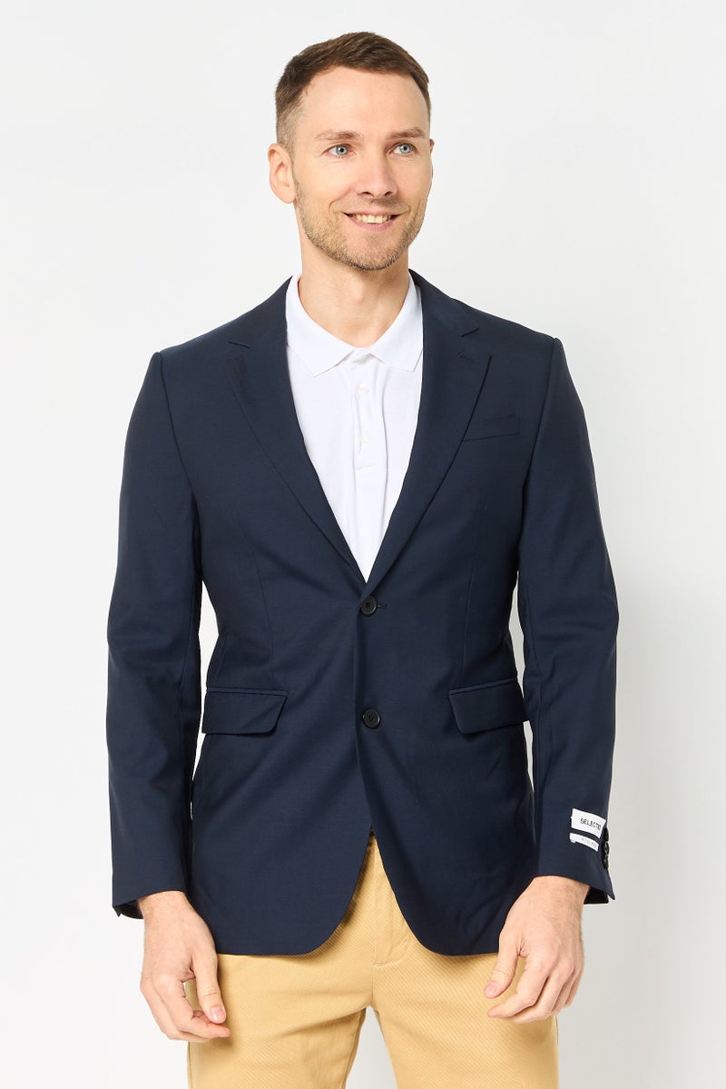SELECTED Men Slim Fit Plain Semi-Formal Blazer, Navy Blue - Image 1