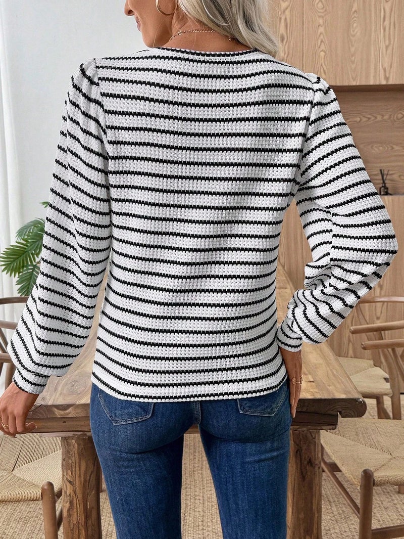 Women's Knit Top French Stripe Long Sleeve Pullover Sweater - Image 2