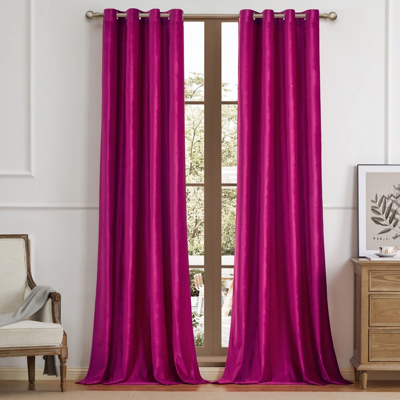 BULBUL Living Room Velvet Window Curtains 108 inch Length 2 Panels Hot Pink Blackout Window Drapes Curtains Thermal Insulated Room Darkening Decor Grommet Curtains for Bedroom