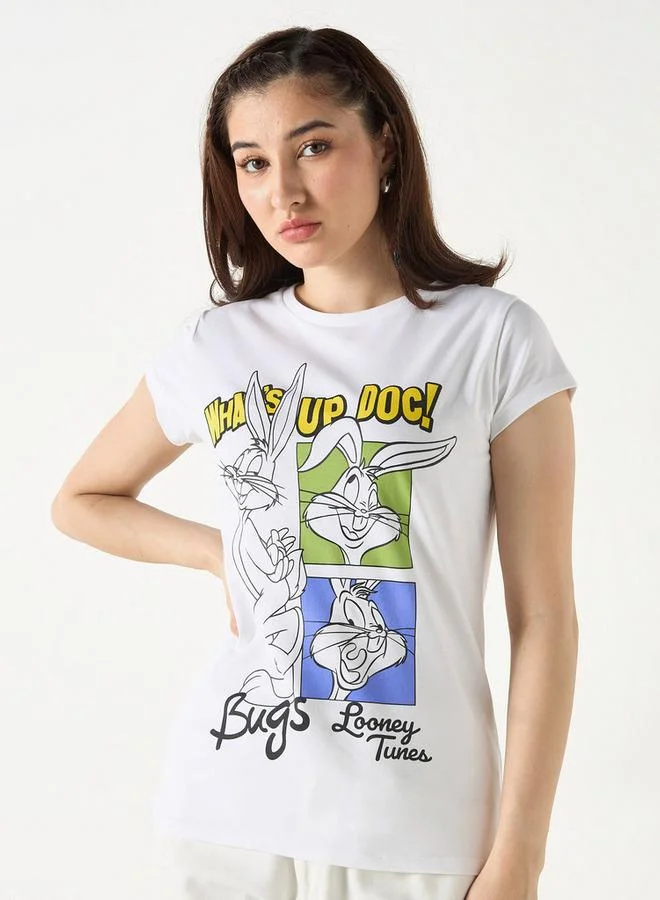 Bugs Bunny Print Crew Neck T-shirt with Short Sleeves