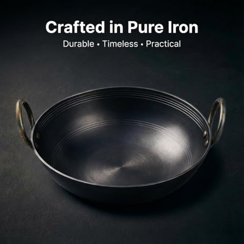 RBY 1 Litre (10 inch / 25.4 cm) Iron Kadhai Loha Kadai Frypan Wok Smooth Edges Riveted Handles Even Cooking Metal Spoon Friendly Dishwasher Safe Gas and Induction Friendly - Image 3