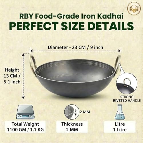 RBY 1 Litre (10 inch / 25.4 cm) Iron Kadhai Loha Kadai Frypan Wok Smooth Edges Riveted Handles Even Cooking Metal Spoon Friendly Dishwasher Safe Gas and Induction Friendly - Image 2