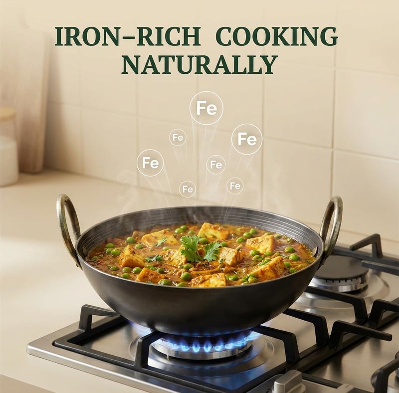 RBY 1 Litre (10 inch / 25.4 cm) Iron Kadhai Loha Kadai Frypan Wok Smooth Edges Riveted Handles Even Cooking Metal Spoon Friendly Dishwasher Safe Gas and Induction Friendly - Image 4