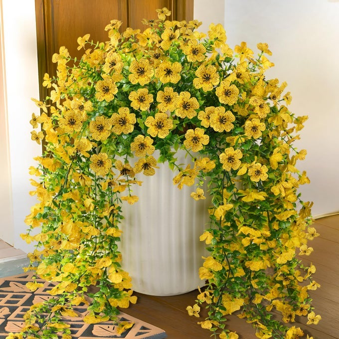 Artificial Hanging Flowers Plants for Outdoor Fall Decoration 2PCS Faux Silk Daisy UV Resistant Look Real for Outside Home Indoor Planter Porch Garden Yard Autumn DecorYellow