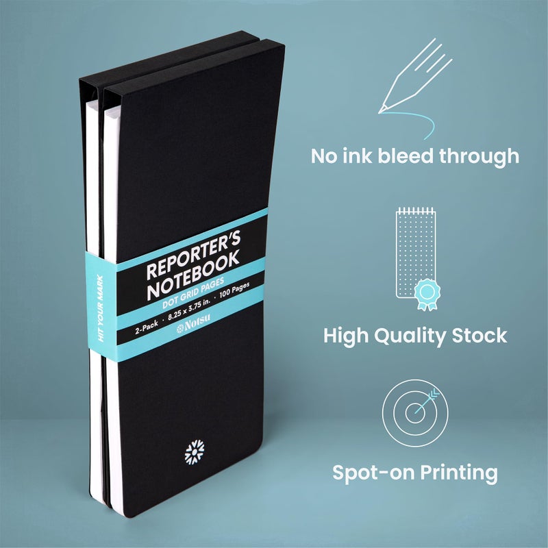 Notsu Dotted Reporter's Notebooks 2-Pack | Black Pocket Spiral Reporter Notepads for Journalist, Police, Detective, Field Note Taking | 100 Pages of 120 gsm Thick Paper, 3.75" x 8.25" - Image 3